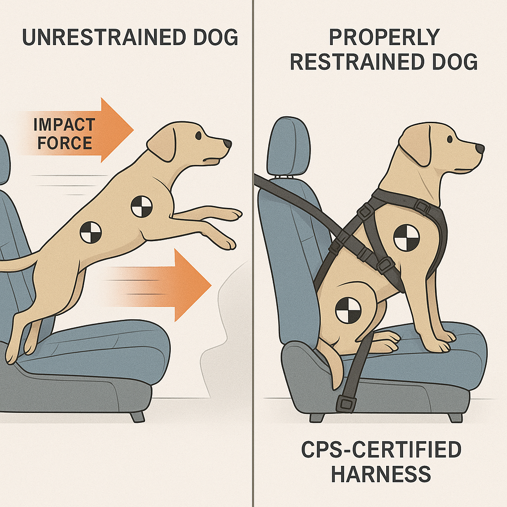 Crash test comparison: unrestrained dog becoming projectile versus restrained dog remaining secure during vehicle collision