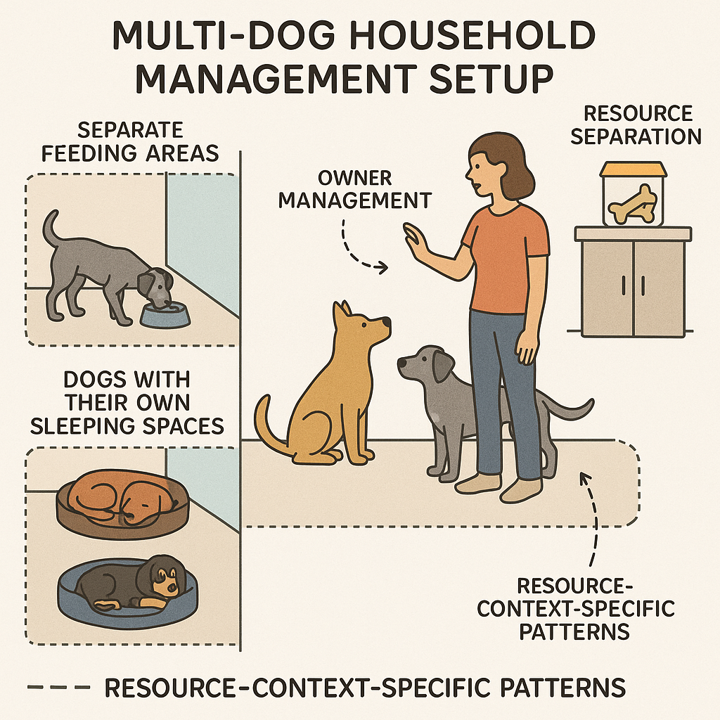 Practical multi-dog household management layout showing resource separation, individual spaces, and owner oversight