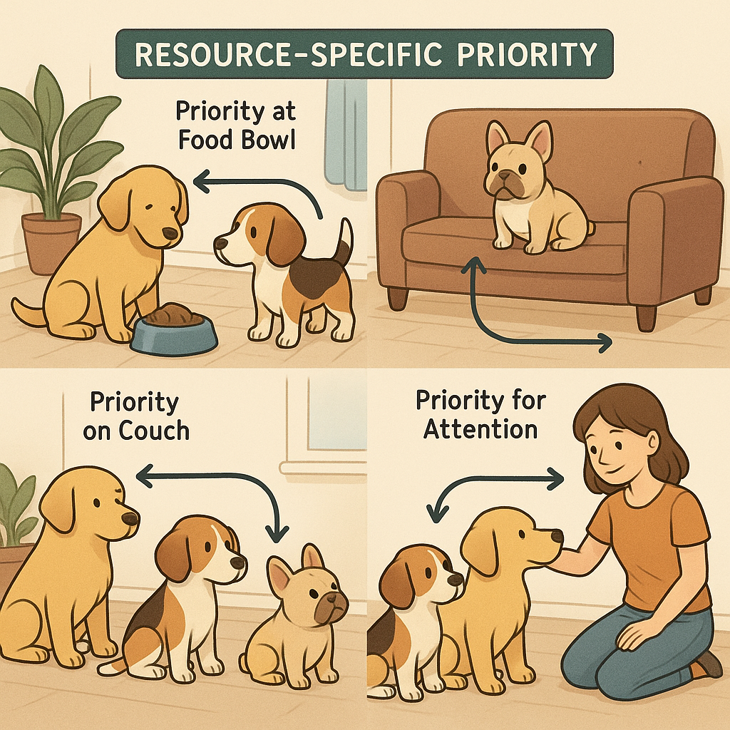 Illustration showing different dogs having priority for different resources in varied contexts, demonstrating flexible hierarchies