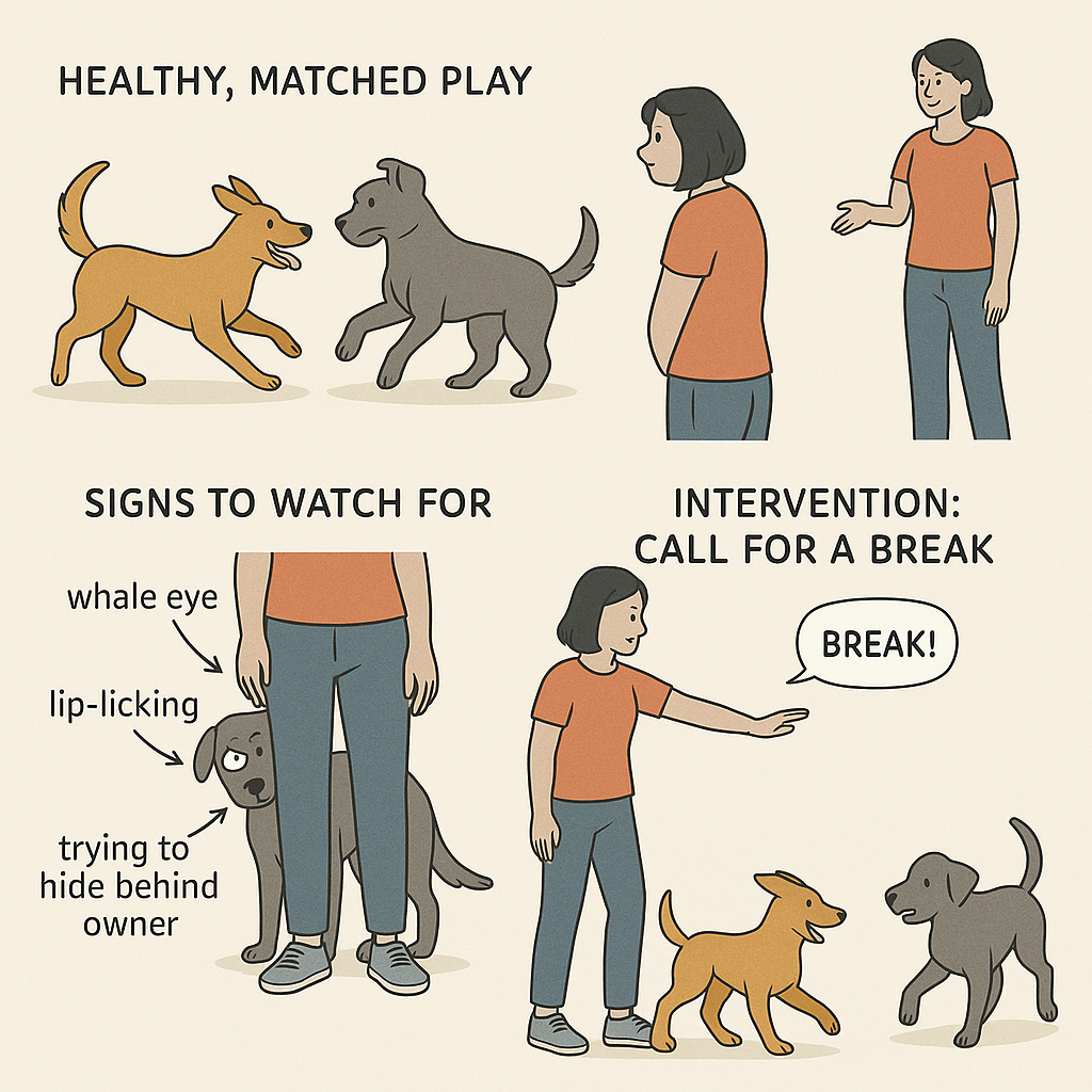 Practical guide for dog owners showing matched healthy play versus warning signs of stressed or overwhelmed dogs, with intervention techniques