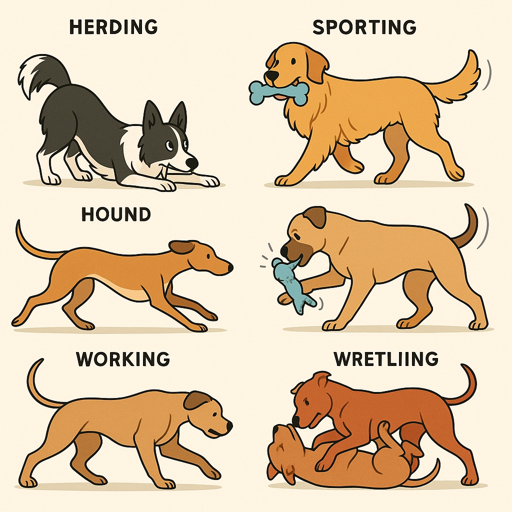 Six dog breeds demonstrating their breed-typical play styles: herding, sporting, terrier, sighthound, guardian, and bull breed play patterns